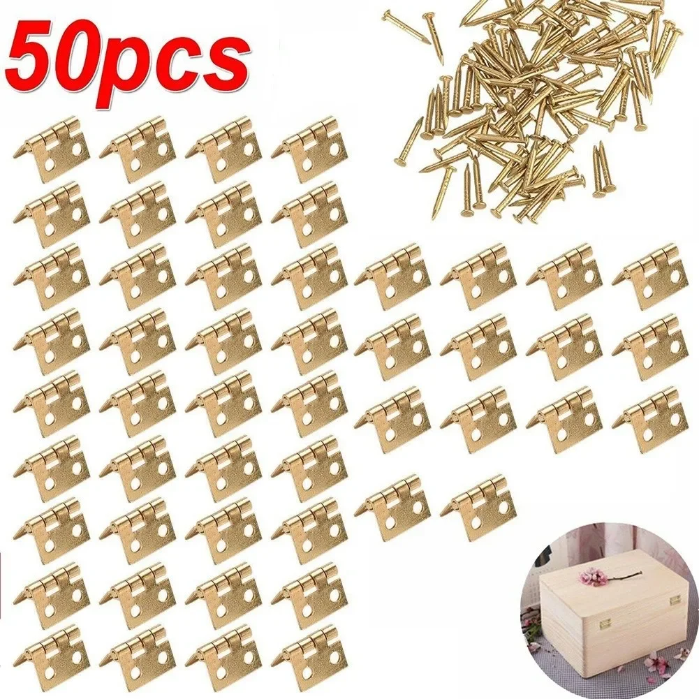 50pcs/set Brass Mini Hinge Small Decorative Jewelry Wooden Box Cabinet Door Hinges With Nails Dollhouse Furniture Accessories