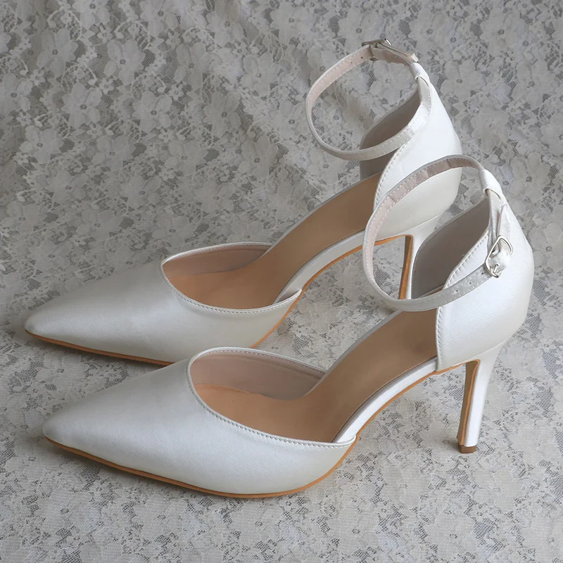 

Wedopus Customized 22 Colors Satin Off-white Pointed Toe Wedding Heels for Women with Ankle Strap 9CM