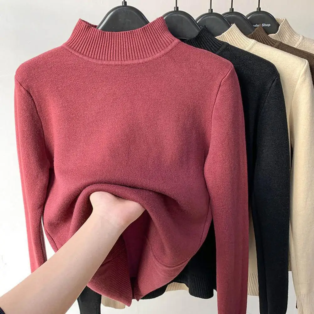 Women Winter Sweater Solid Half High Collar Fleece Bottoming Shirt Knitted Warm Pullovers Thicken Lady Sweater Female Clothes