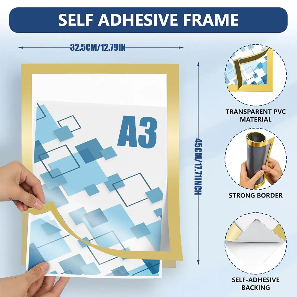 5Pcs A3 Gold/Silver Self-Adhesive Magnetic Display Frames, Clear Plastic Document Frames, Suitable for Homes, Offices and Stores