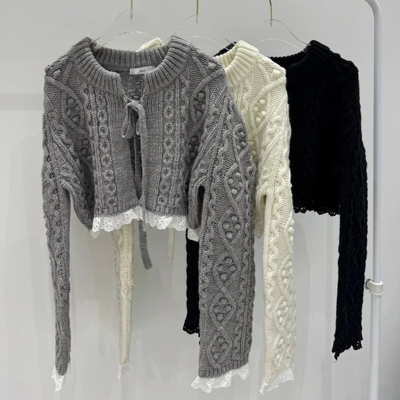 Suéter de Punto Dulce y Juguetón para Mujer con Ribete de Encaje y Diseño de Lazo, Cárdigan Corto de Manga Larga para Otoño e...