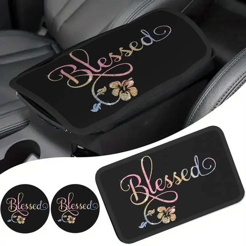 3pcs Blessed Floral Armrest Cushion with Cup Holder Set Car Interior Additions And Decorations for Men And Women