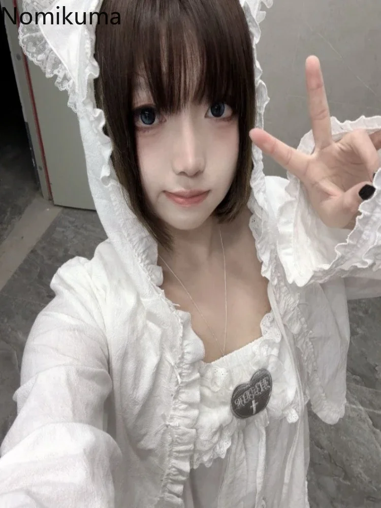 White Crop Tops Cute Blouses for Women's 2026 Blusas Mujer De Moda Hooded Long Sleeve Bandage Shirts Fashion Japanese Blouse