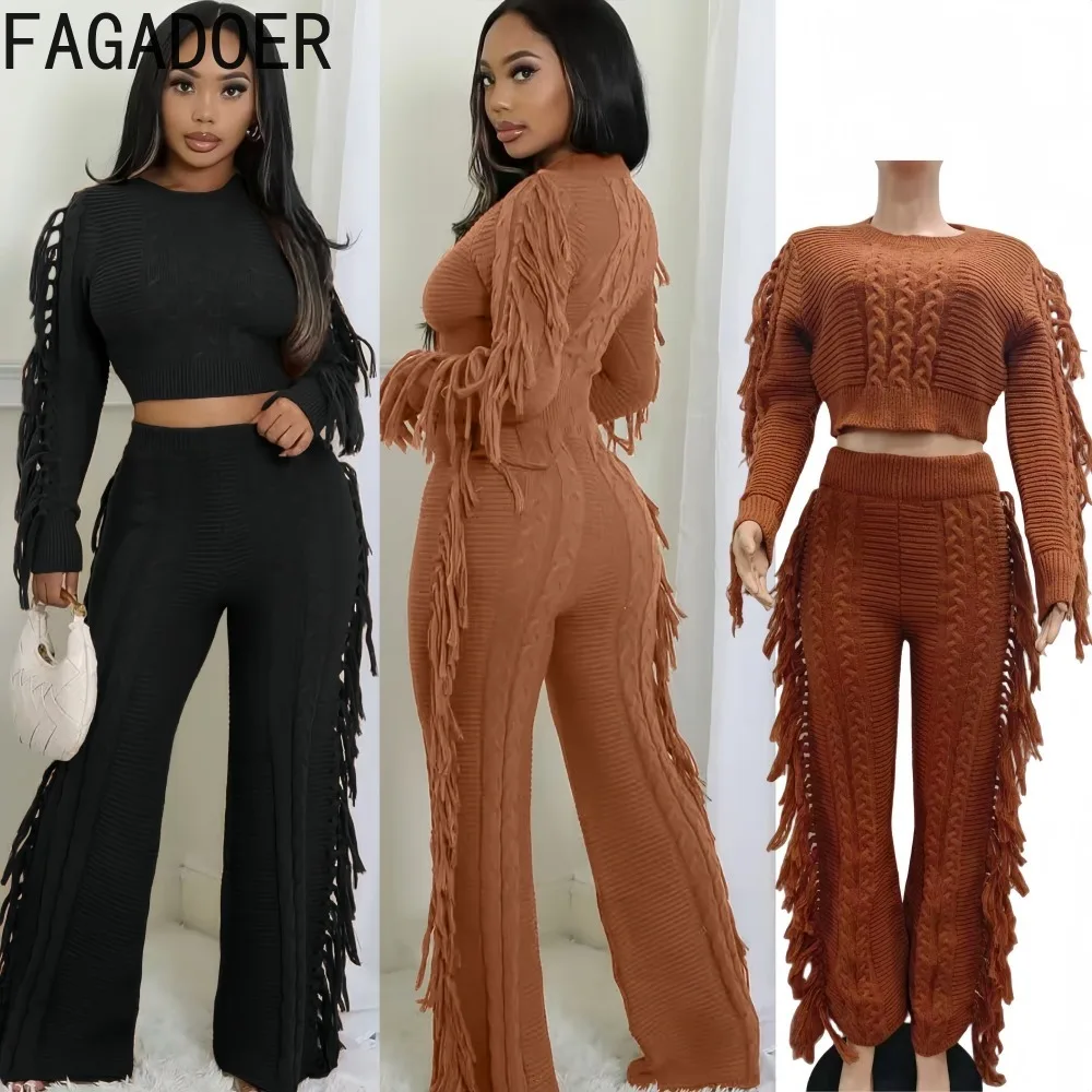 

FAGADOER Winter Fashion Knit Tassel Patchwork 2 Pieces Set for Woman Solid Color Long Sleeves Crop Top+pants Female Streetwear