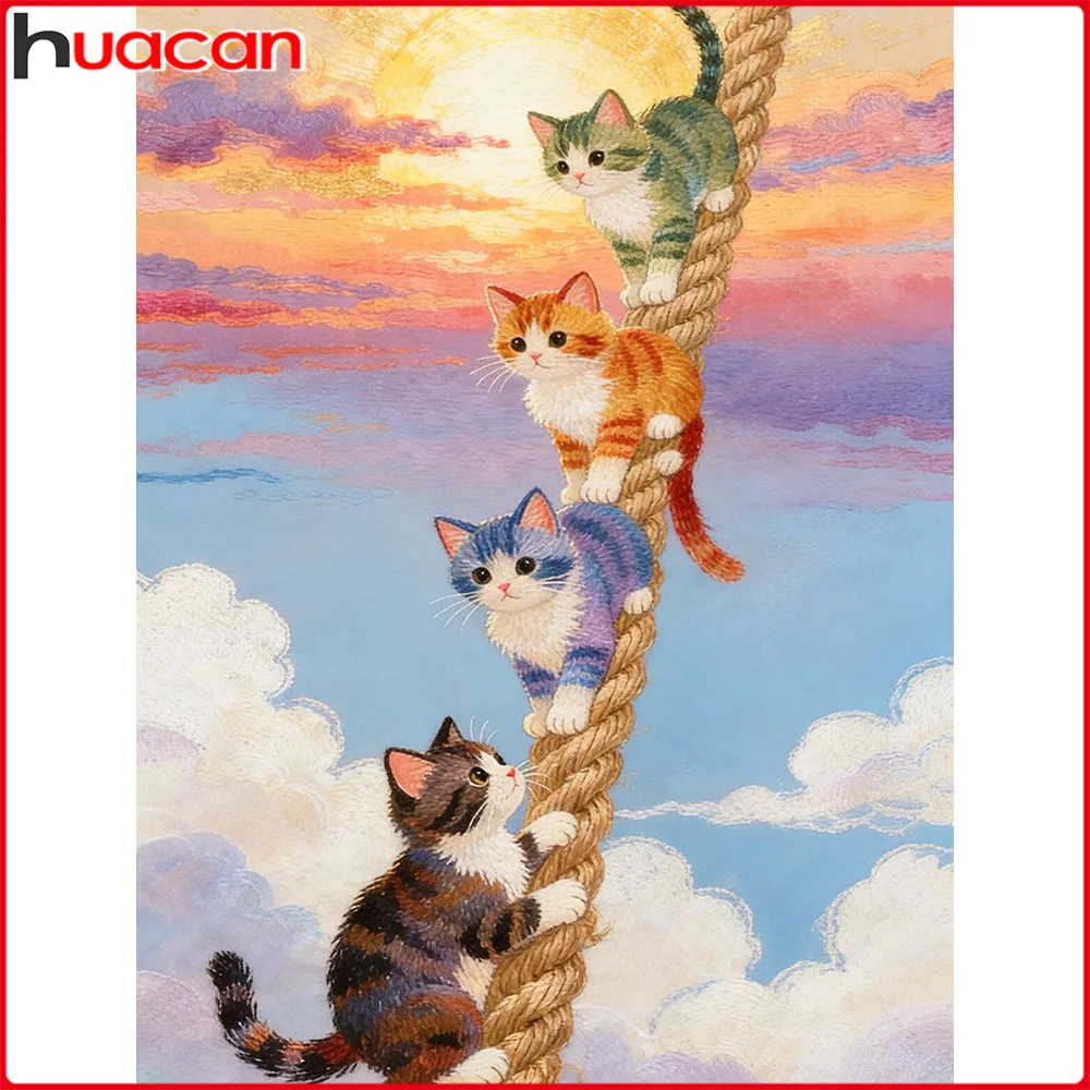 Huacan 5D DIY Diamantmalerei Katze bei Sonnenuntergang Diamantstickerei Tier Landschaft Komplettes Set Bastelset
