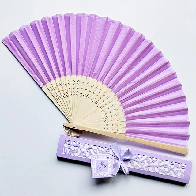Custom luxury silk folding hand fan, elegant laser cut gift box + party gift / + print wedding gift, 20 pieces per batch