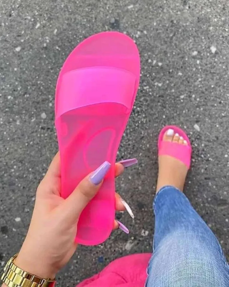 Plus Size Women\'s Candy Color PVC Shoes 2022 Summer Ladies Crystal Jelly Sandals Fashion Soft Sole Flat Slippers SHW117