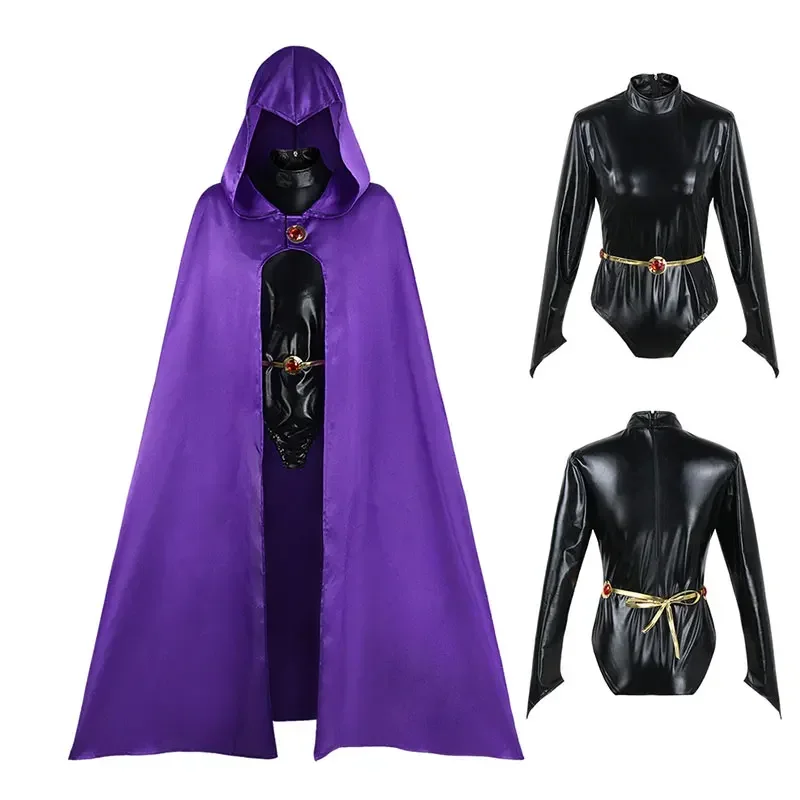 Disfraces de Cosplay de Anime de dibujos animados para adolescentes titanes Raven, monos sexis para mujer, conjunto con cinturón y capa, trajes de ropa para fiesta de Halloween