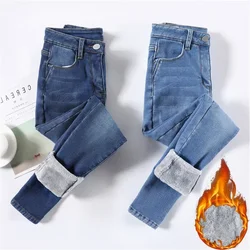 2024 New Women Thermal Jeans Mom Winter Warm Plush Stretch Jeans Lady Fleece Snow Pants Students Skinny Pencil Straight Trousers