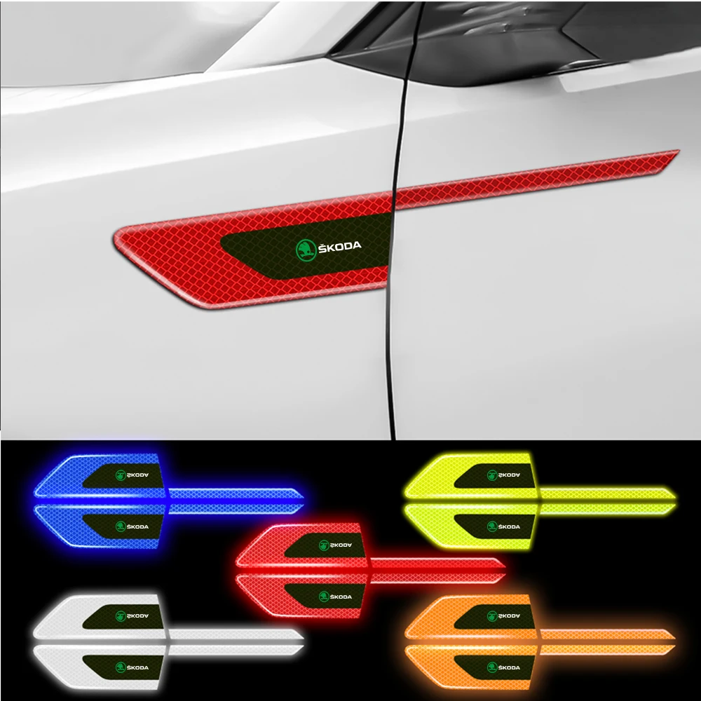 2PCS Car Body Reflective Sticker Side Safety Warning Door Protection Sticker For Skoda S Octavia Rapid Fabia Superb Kodiaq VII