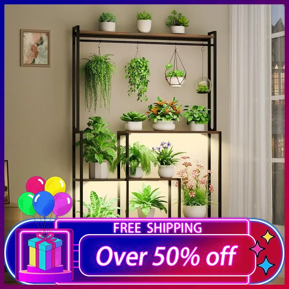 Metal Plant Stand Indoor with Grow Light , 5 Multi Tiers Plant Holder, Large Square Corner Display Rack for Living Room,Patio