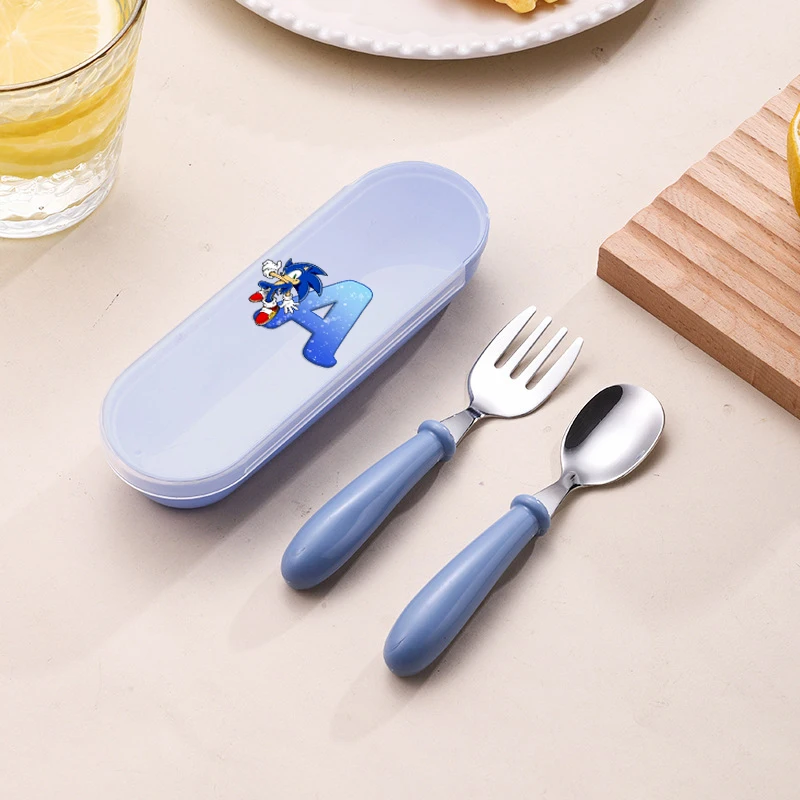 

2PCS Cartoon Soniced Baby Feeding Spoon Fork Set Letter Cartoon Training Tableware for Toddlers Kids Safe Short Handle Utensils