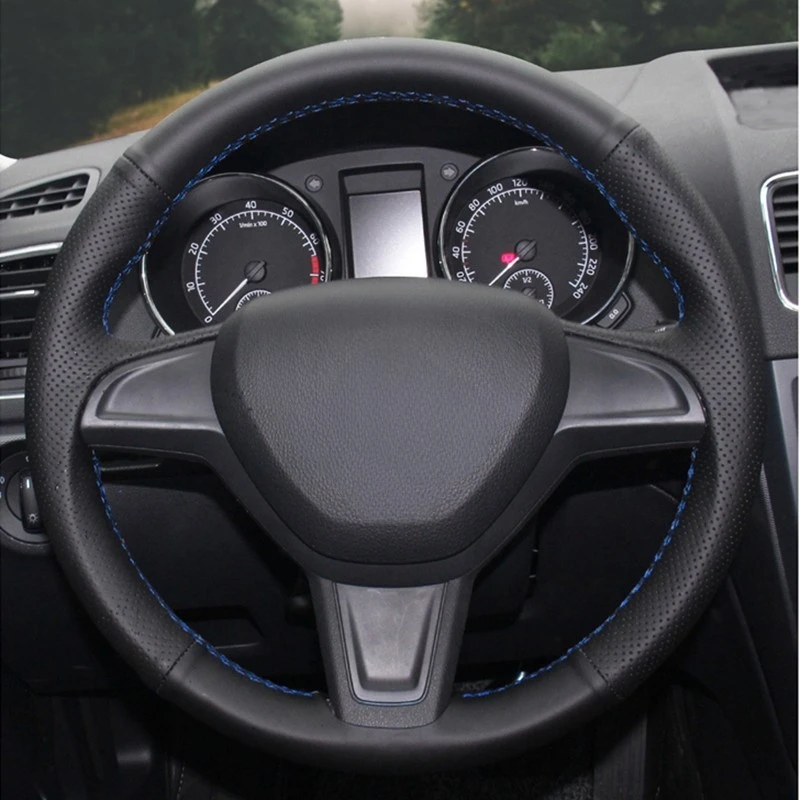 GKMHiR DIY Hand-stitched Black Artificial Leather Car Steering Wheel Cover for Skoda Yeti 2014 2015 2016 Rapid 2015