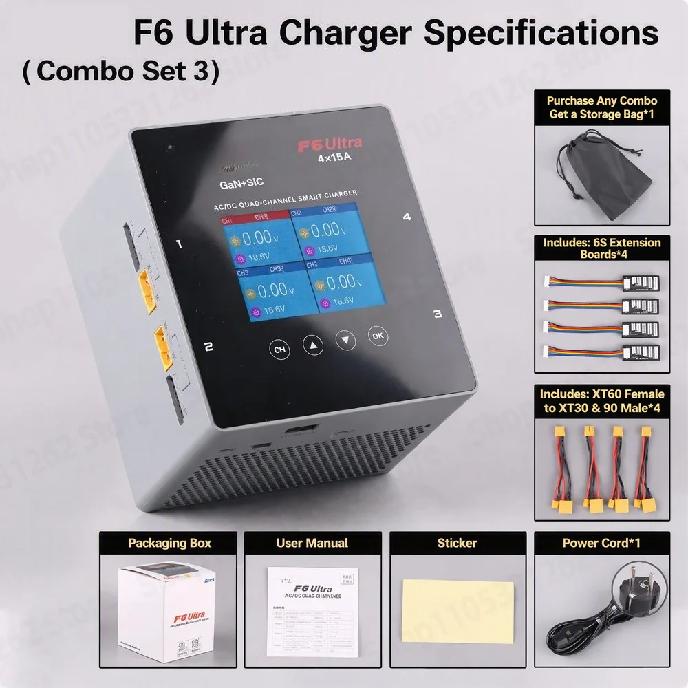 For F6 Ultra 1000W 4 Channel Smart Balance Charger 15A AC/DC GaN+SiC for LiPo LiHV 1-6S RC Battery