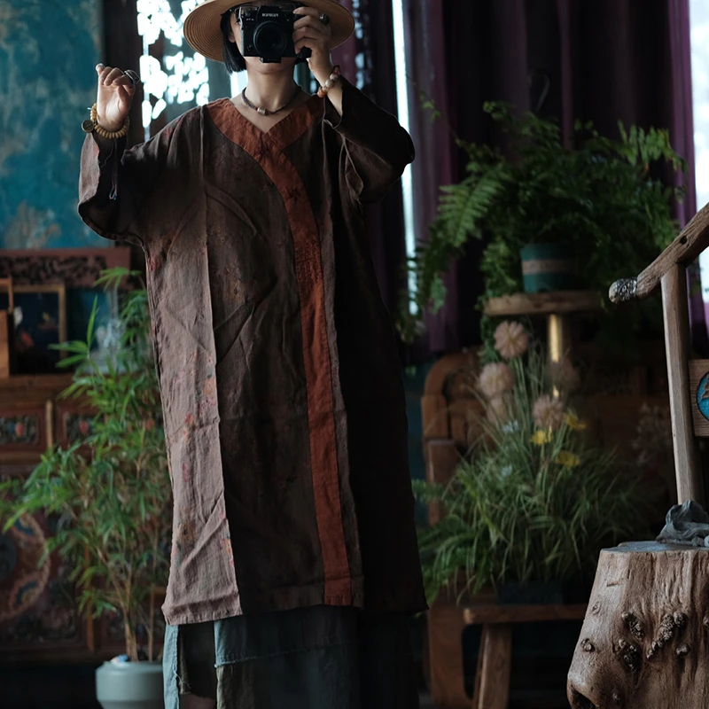 

Oversized Women Casual Linen Dress New Arrival 2025 Spring Chinese Style Vintage V-neck Print Loose Female Long Dresses M916