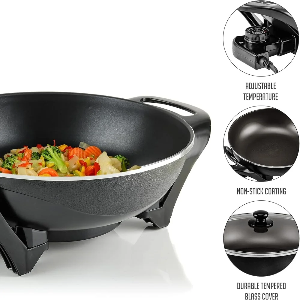 Elektrische Wok-Pfanne mit Antihaftbeschichtung, 13 Zoll, Familien-Bratpfanne, 1400 W, verstellbare Temperatur, Glasdeckel, cooler Touch-Griff, sicheres Kochen