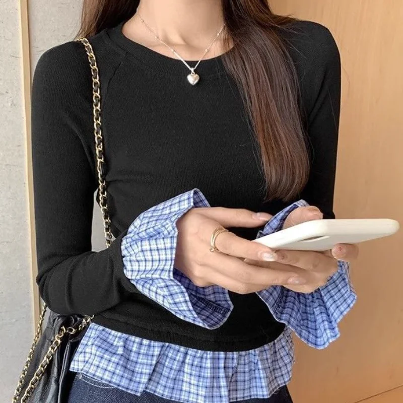 

French Plaid Retro Splicing Fake Two-piece Long-sleeved New Women's Spring Design Slim Base Shirt Top
