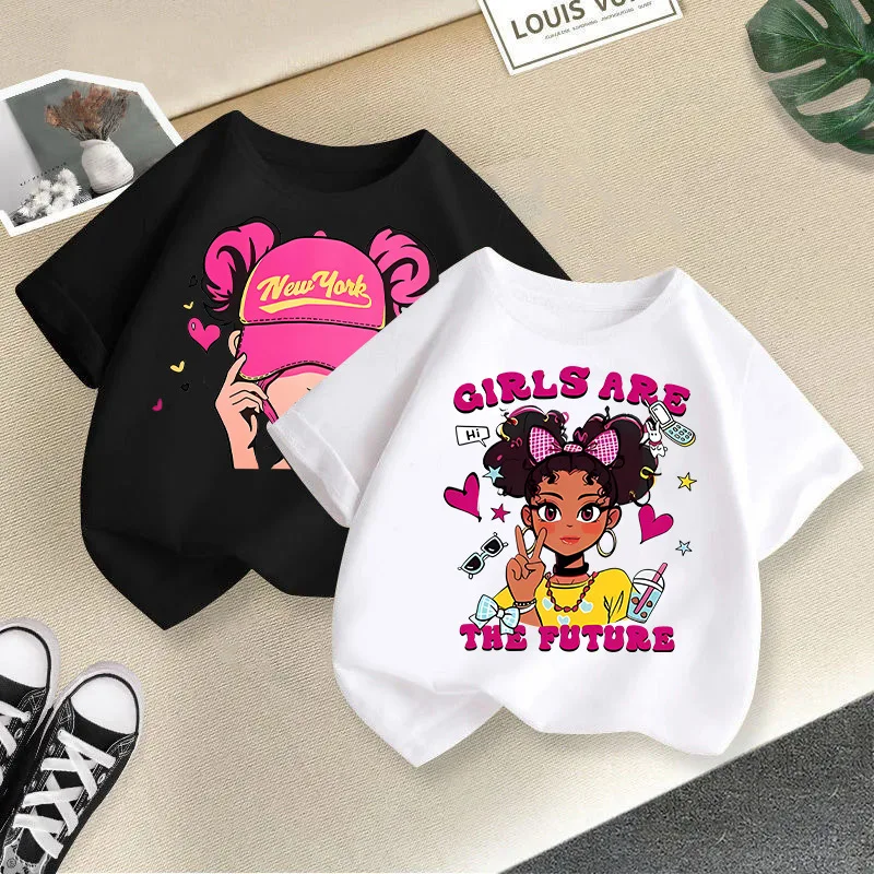 

New African Girl Print Casual Round-neck Short-sleeved T-shirt for Children Kids Clothes
