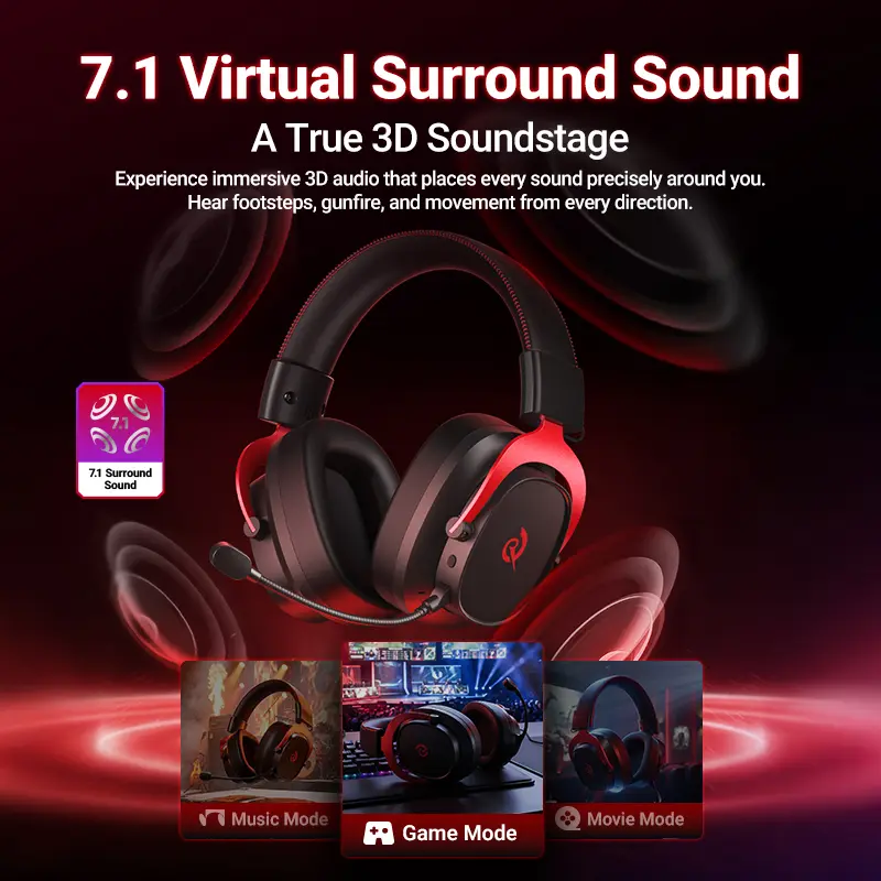سماعات ألعاب QCY هيرود VT200 مع ميكروفون قابل للفصل، سماعات فوق الأذن، صوت محيطي 7.1 ثلاثي الوضع، متوافقة مع الكمبيوتر/PS4/PS5 - 3