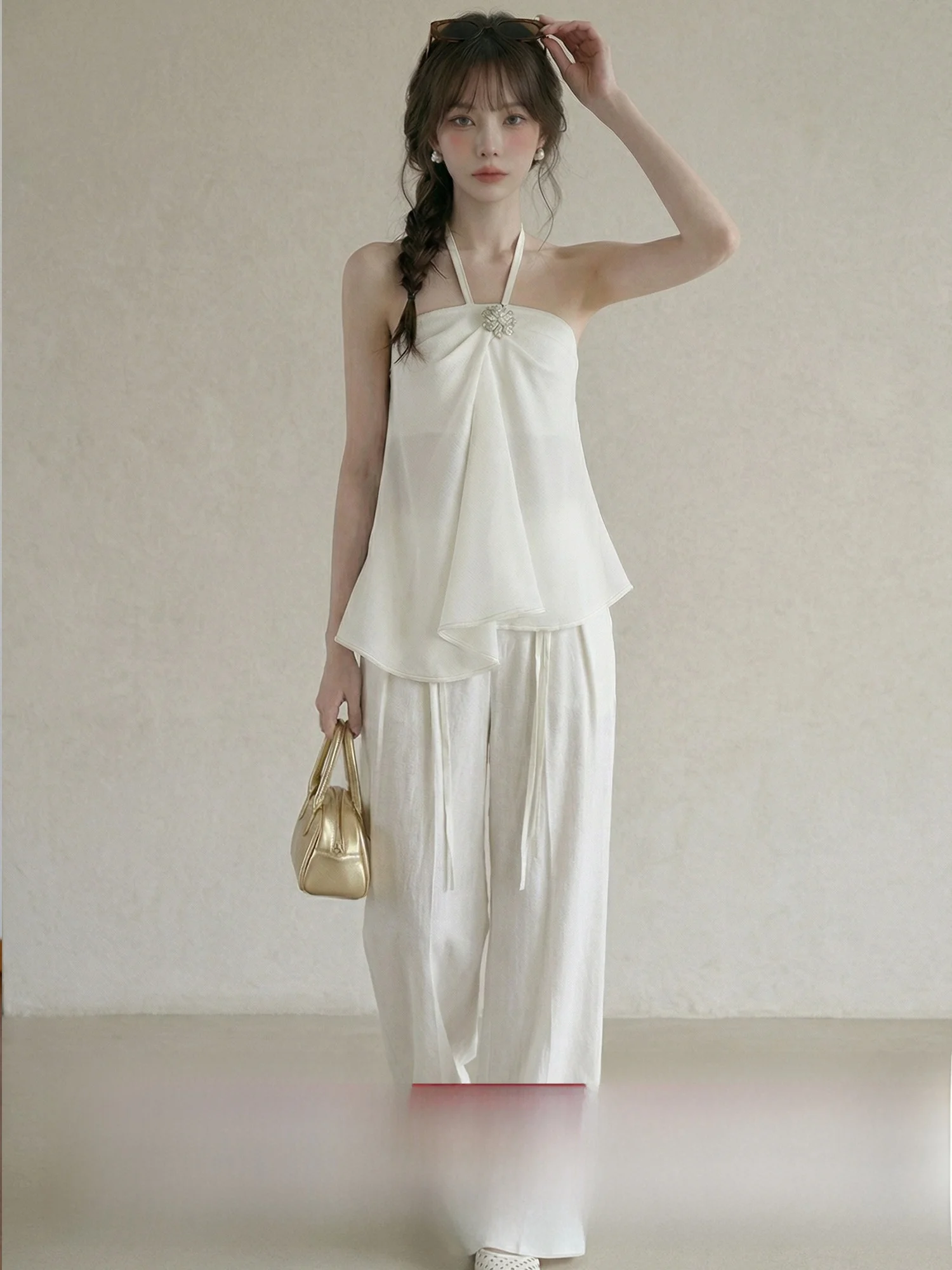 

Комплект из двух предметов: топ-бандо с завязками на шее и брюки с высокой талией и широкими штанинами MiXiaoKe, белый, женский, летний, новый стиль, повседневный, модный, стройнящий