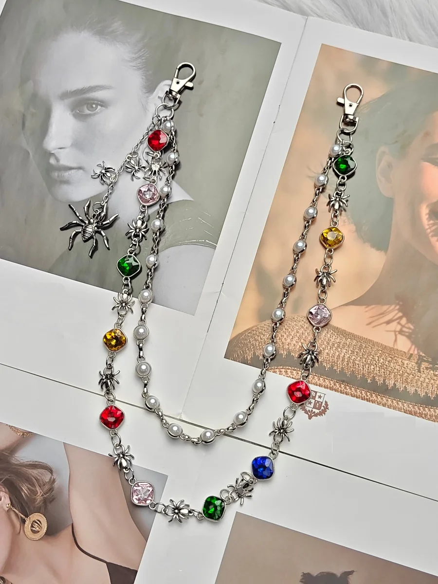 Y2K Double Layer Spider Pants Chain, Colorful Rhinestone Faux Pearl Jean Wallet Chain, Stainless Steel Unisex Street Accessory