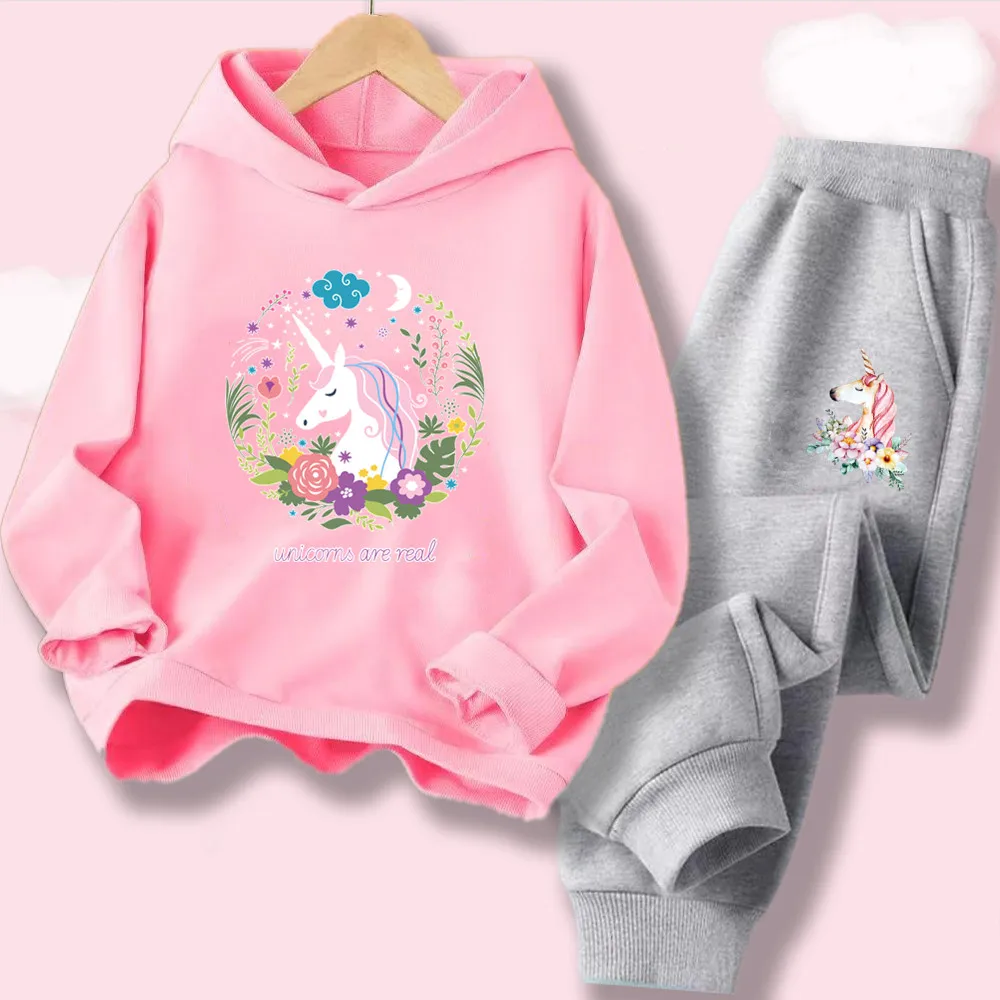 2-teiliger Trainingsanzug für kleine Mädchen, Hoodie mit Einhorn-Blumenmuster + Jogginghose, süßes, lässiges, leichtes Set für den Alltag, Frühling und Herbst