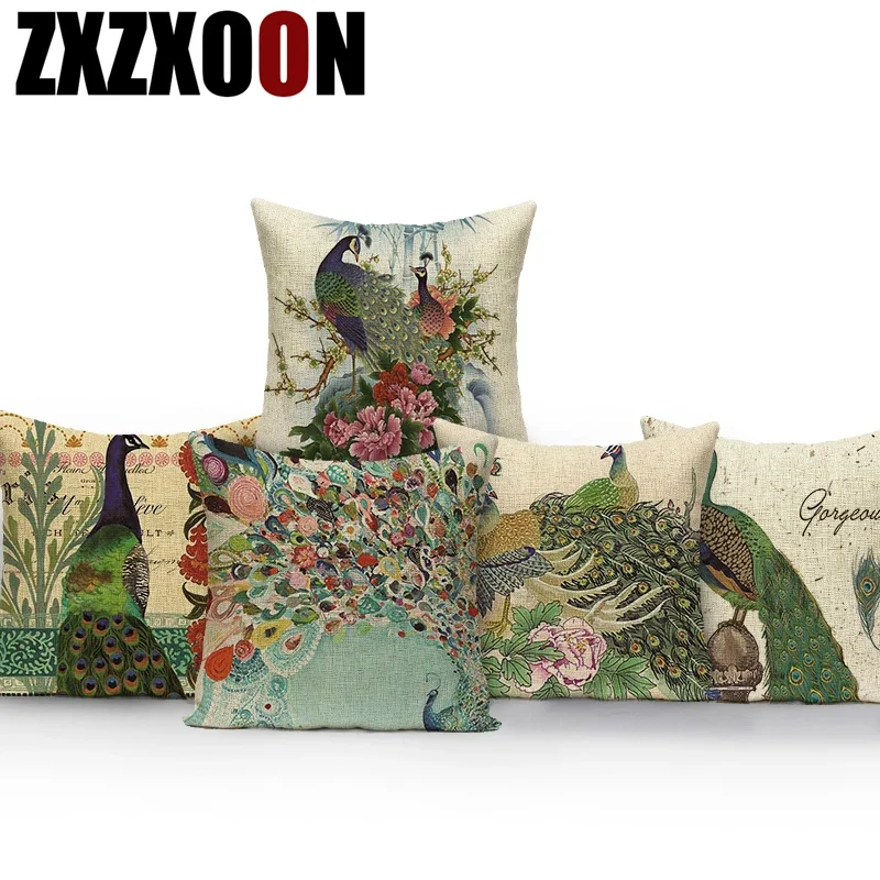 Polyester Vintage Style Lovely Animals Bird Peacock Feather Sofa Home Pillow Cushion Cover for Car Living Room Pillowcase
