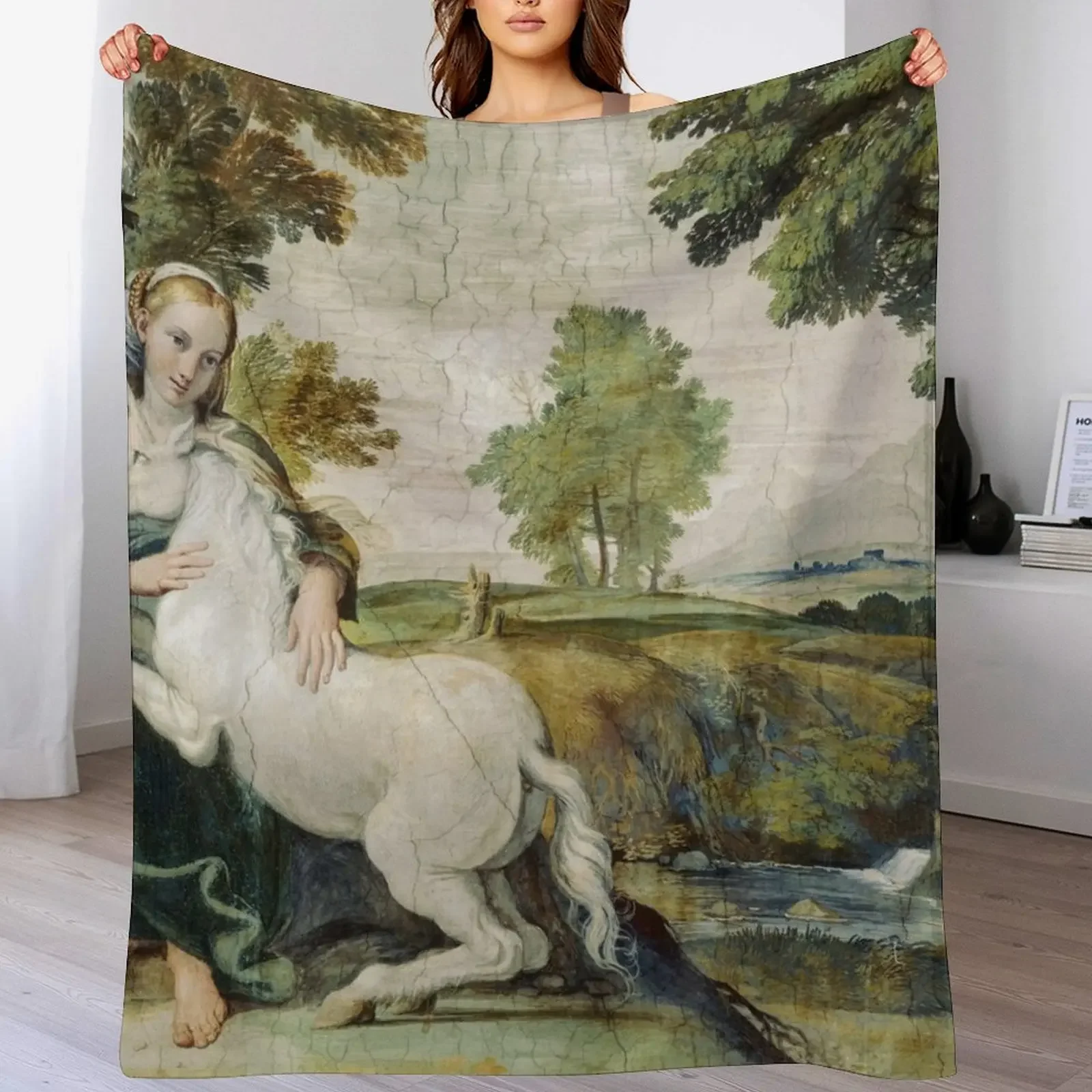 THE MAIDEN AND THE UNICORN IN LANDSCAPE Throw Blanket Outdoor Soft Blanket for Picnic Beach Camping