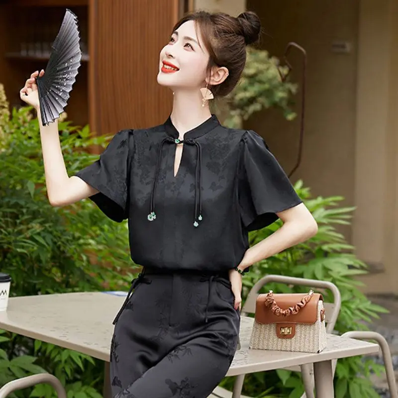 Nowa koszula damska w stylu chińskim zapinana na guziki, żakardowa, letnia, nowa, elegancka, luksusowa bluzka.
