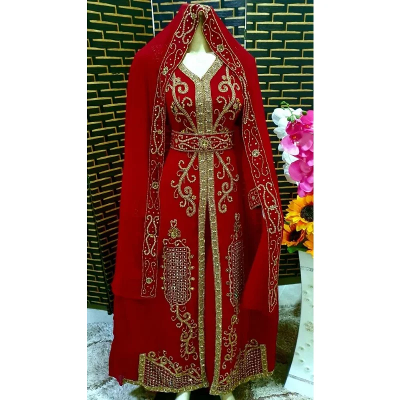 

Red African Dress Fancy Abaya Dubai Caftan Beaded Moroccan Gown Women's European and American Fashion Trend