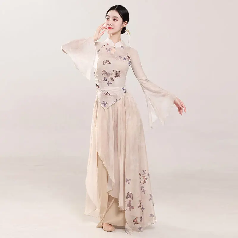 

New Classical Dance Costume With Skirt, Printed Body, Elegant Gauze Dress For Women, Chinese Dance Practice Outfit, Performance