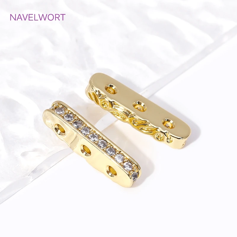 18K Gold Plated Brass Inlaid Zircon 3 Holes Separators for Beads Connector Accessories DIY Beading Jewellery Making Components