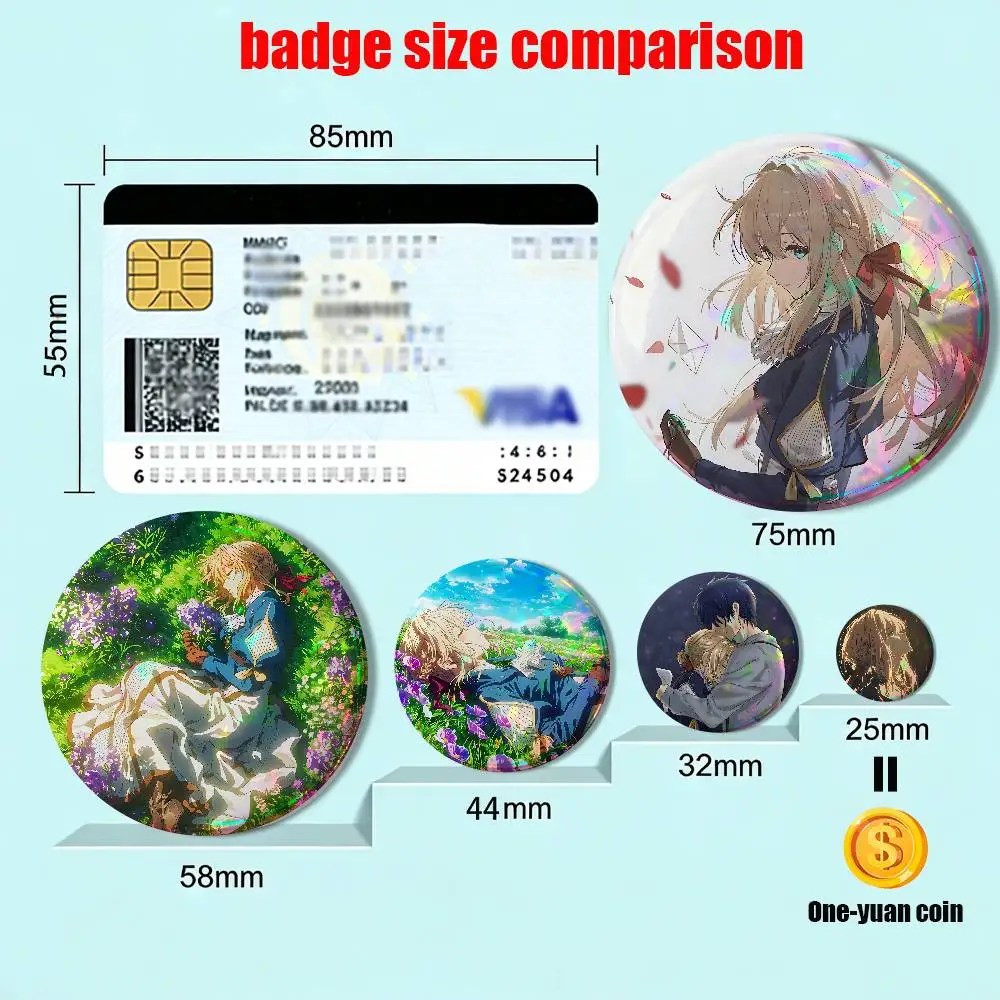 Mechanical prosthetic hand Violet Evergarden 58mm 44mm Round Pins Creativity Printed Pictures Text Metal Lapel Badges Brooches