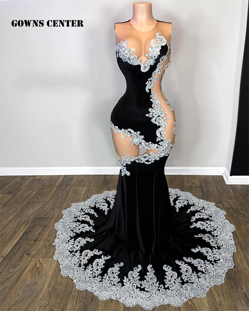 Appliques di pizzo argento nero velluto sirena abiti da ballo 2023 abito di lusso Sexy sirena compleanno vestito nero ragazza O collo abiti