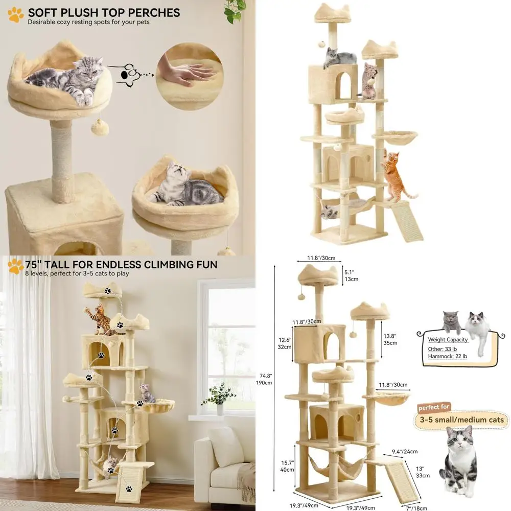 

Indoor 75 Tall Cat Tower with Multi-Level Condos, Perches, Scratching Posts, and Hammocks - Beige
