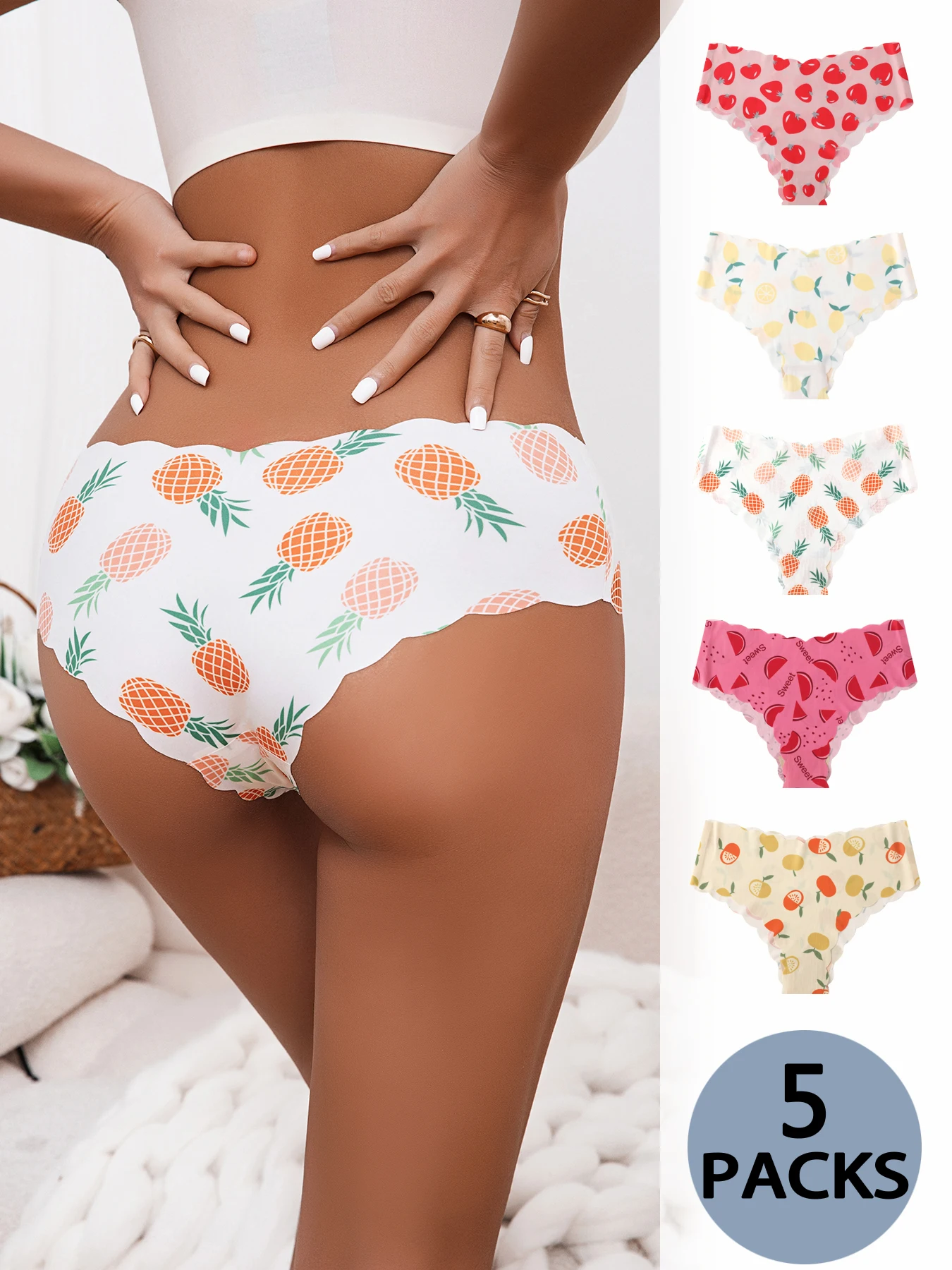 Set of 5 fruit-printed, comfortable ice silk seamless women\'s underwear