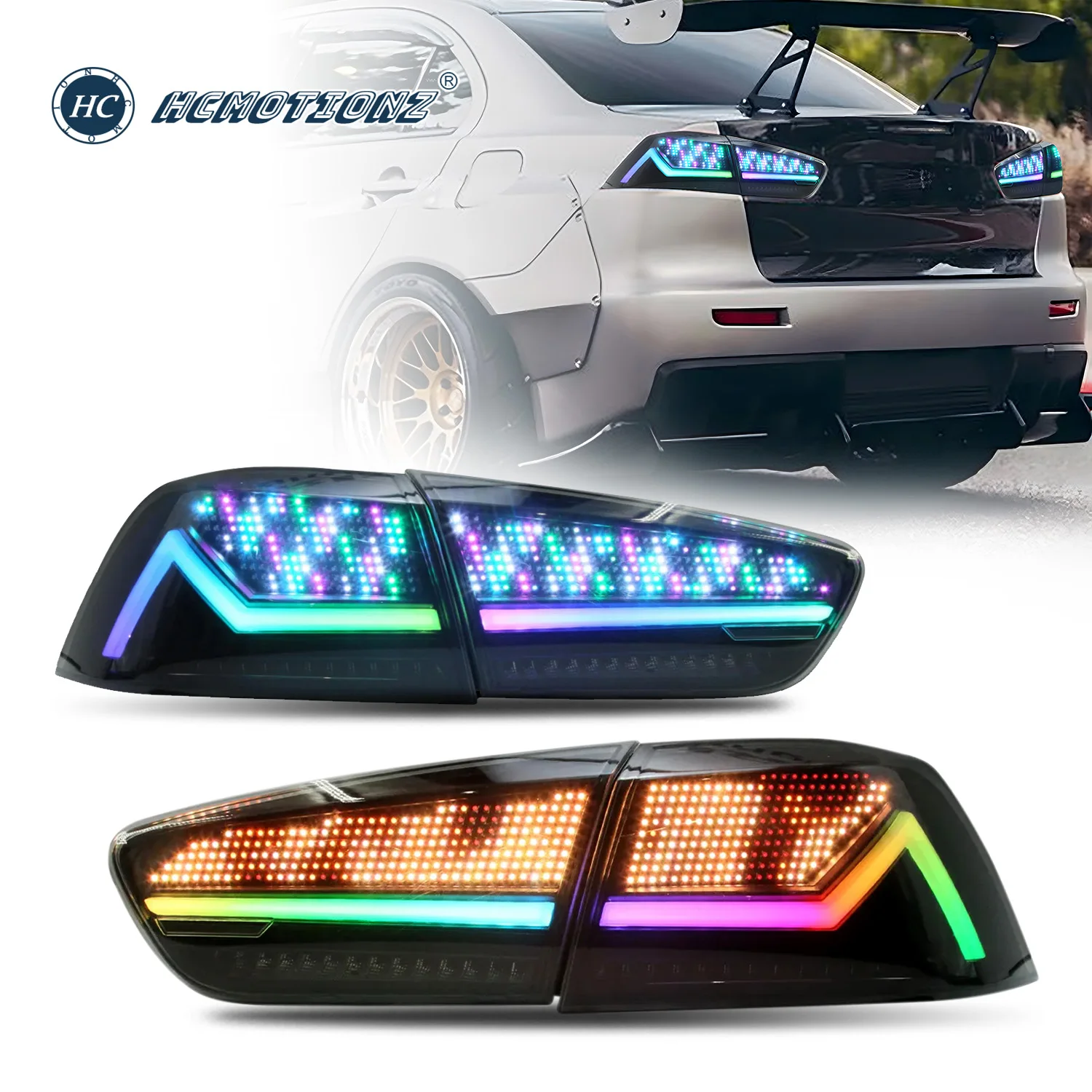 

HCMOTIONZ LED Tail Lights for Mitsubishi Lancer 2008-2017 EVO X Smoked 4PCS RGB OLED Custom Patterns Rear Lamps Assembly