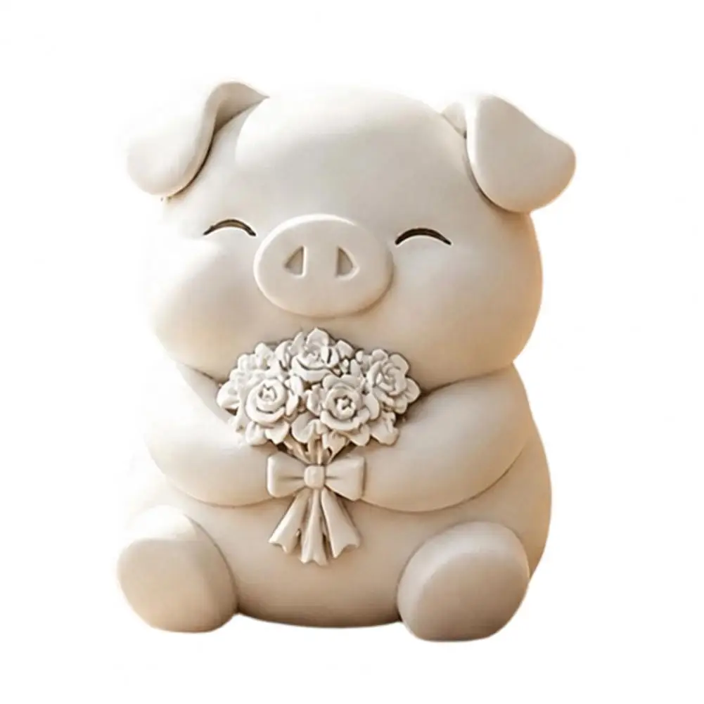 Cute Pig Figurine Closed-eye Smile Pig 3d Printed Cute Pig Bouquet Figurine Matte White Sculpture with Rose Bow Stable Desktop