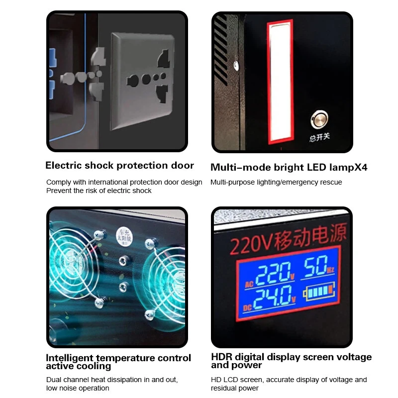 Large Capacity 2400W Portable Solar & CAR Power Station with Flashlight & Air Compressor for Outdoor Emergency Use