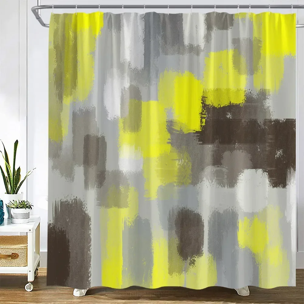 Creative Grunge Style Shower Curtains Yellow Grey White Abstract Painting Art Geometric Bath Curtain Fabric Bathroom Decor Sets