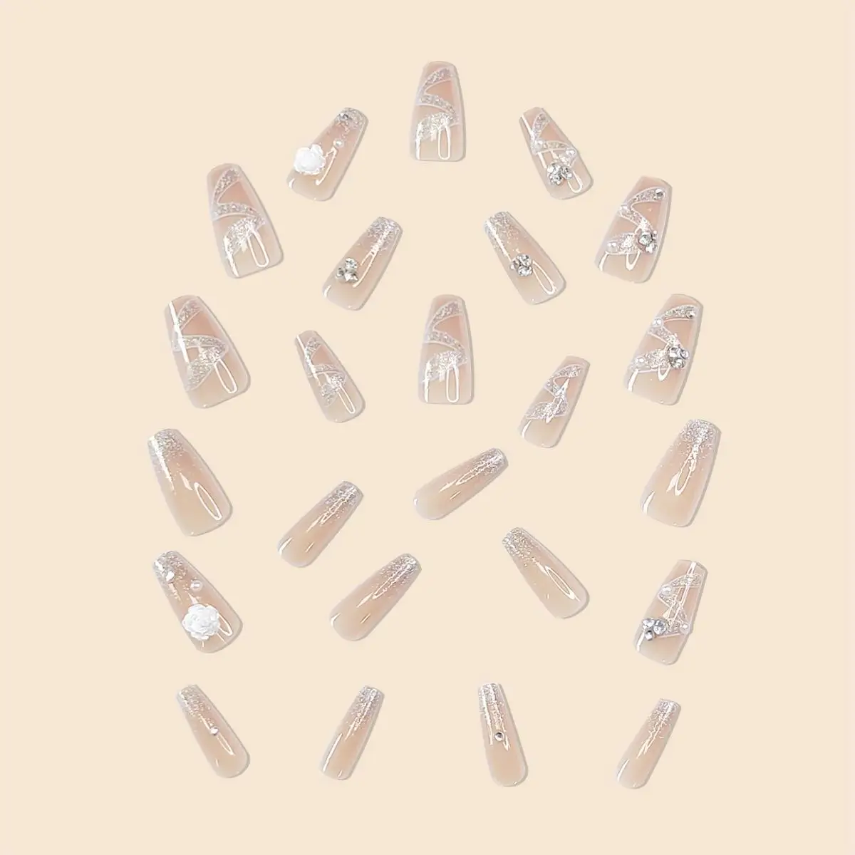 Fashion Trend Women Girls 24Pcs/Set Medium Ballet French Ribbon Mountain Tea Full Coverage Wearable Fake Nail Press on Nail Art