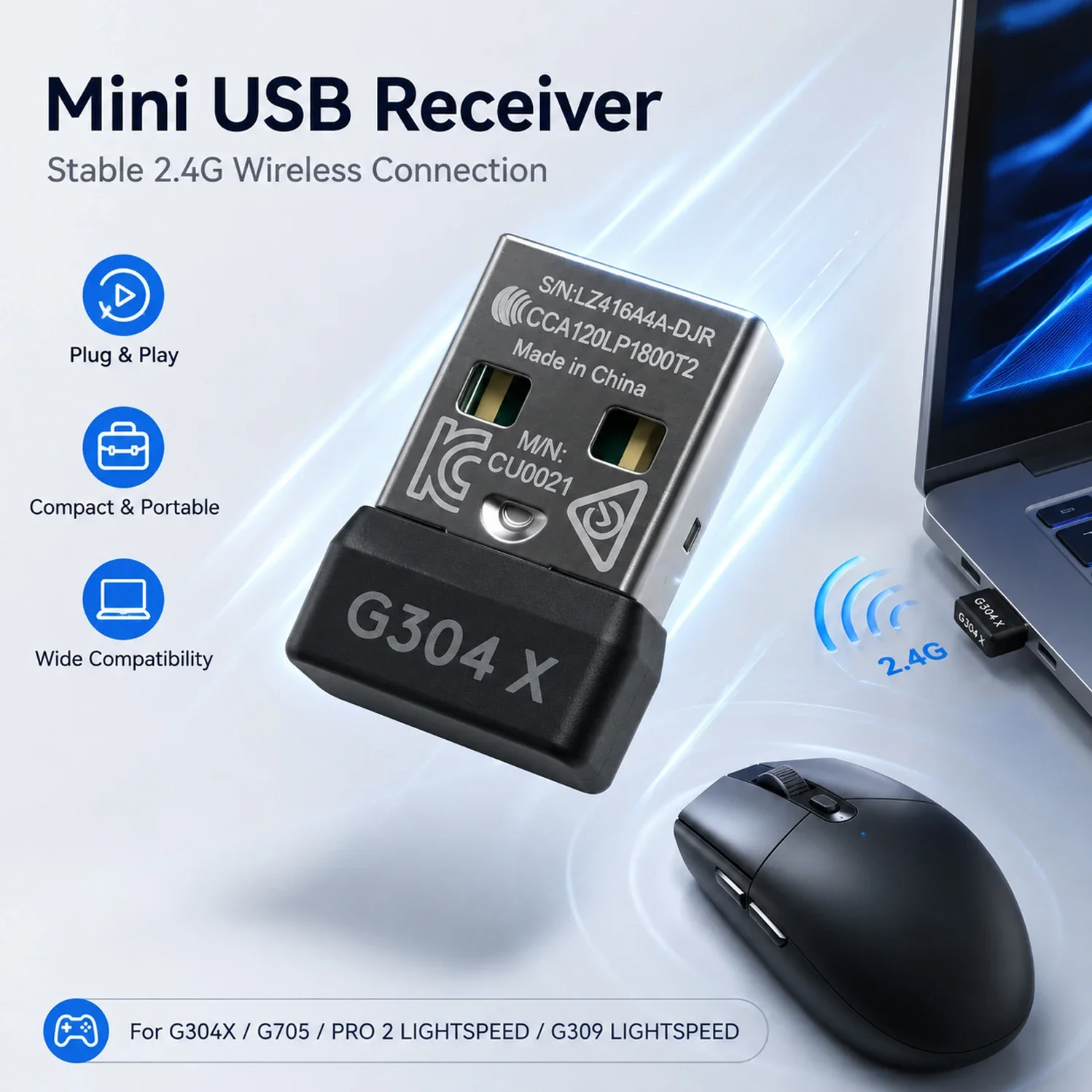 USB Wireless Mouse Receiver for Logitech G304X G705 G309 G502 X Plus G303 PRO 2 LIGHTSPEED PRO X Superlight 2 Replacement Dongle