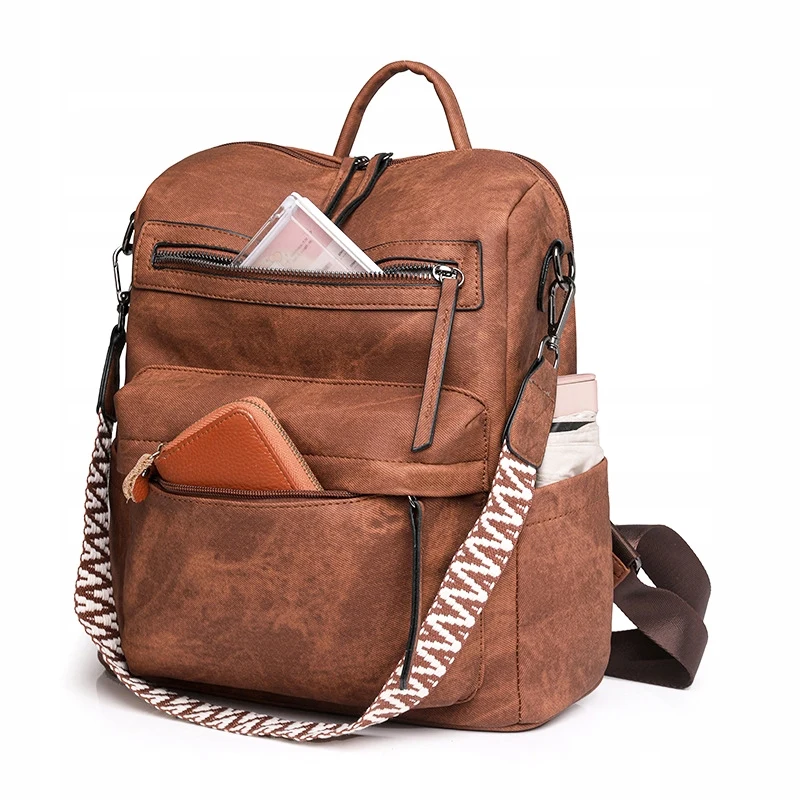Sac à dos convertible vintage 2-en-1 pour femme en cuir marron caramel avec bandoulière tressée bohème, grande capacité, multi-poches, sac de voyage