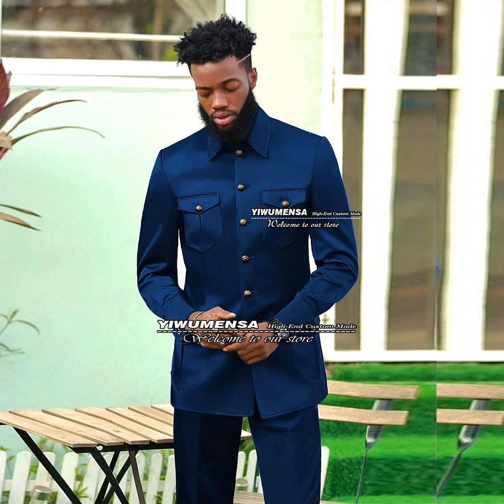 Navy Suits Men Gold Buttons Single Breasted Coat Pant Design Latest Formal Wedding Tuxedo Business Standard Collar Blazer Sets