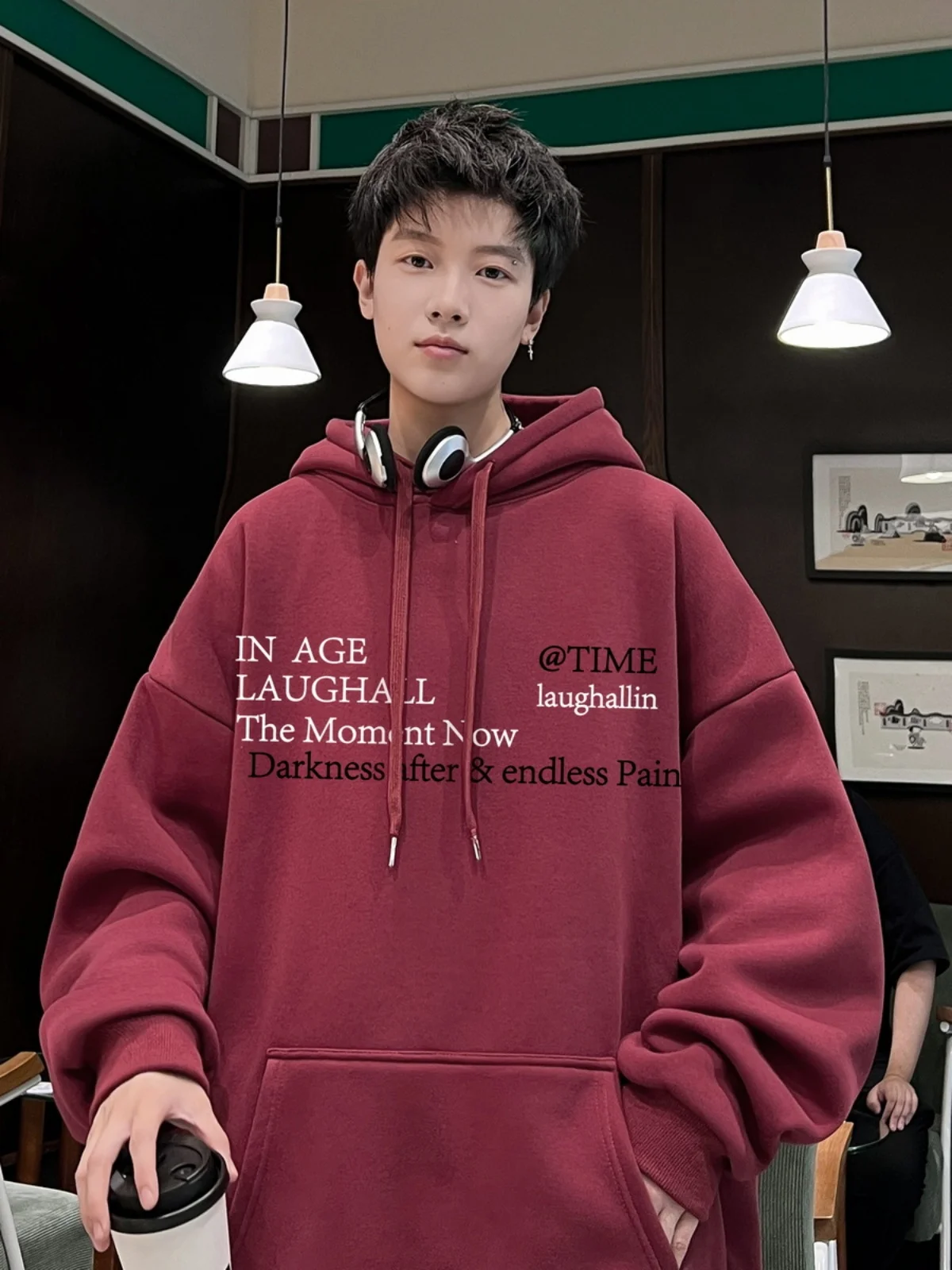 

Мужская толстовка с капюшоном винного цвета, повседневная, свободного кроя, с буквенным принтом, модная, на осень