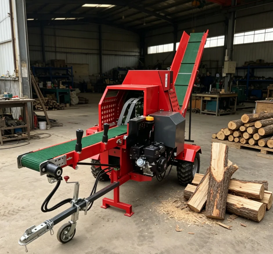 Automatic Electric Firewood Processor High Speed Wood Chopper with Feeding Conveyor Belt for Commercial Firewood Production