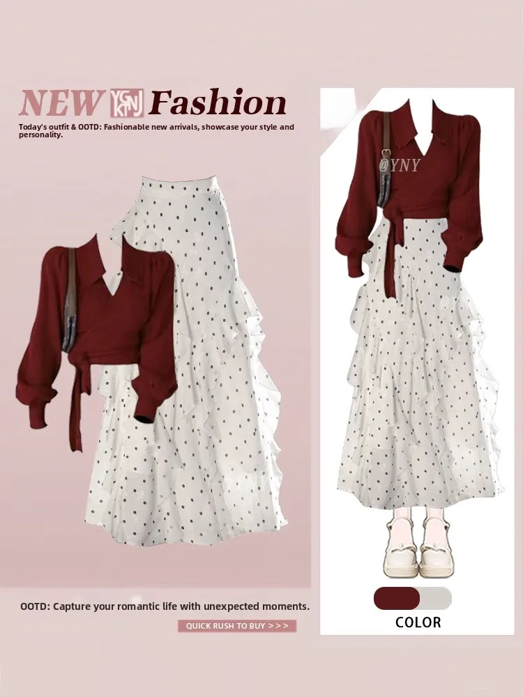 

Fashionable Knitted Red Retro Belted Top Half Skirt Fish Tail Skirt Polka Dot Print Women's Autumn Season Ensemble