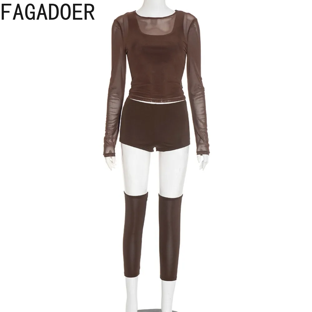 FAGADOER Sexy Mesh 4 Pieces Set for Woman Outfits Solid Color Long Sleeve Crop Top + Shorts Matching Female Streetwear Clothing - Image 5