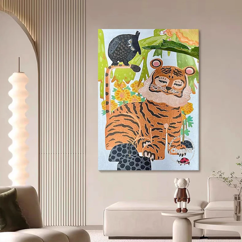 Cartoon Animal Picture Cute Tiger Wall Picture Oil Painting Luxury Children Bedroom Decorative Item Canvas Poster Art Set