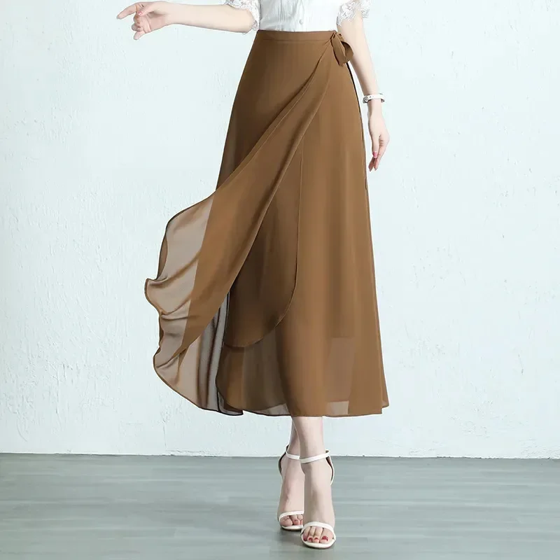 Sommer mittellanger Chiffon rock Frauen 2024 neue Mode lose dünne Culottes schwarz elegante Röcke hoch taillierte Schnür rock weiblich